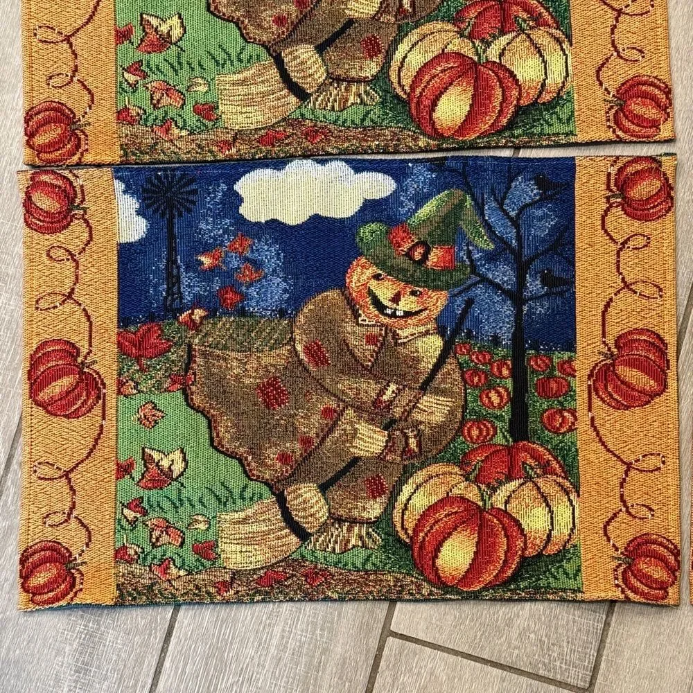 4 Vintage Scarecrow Tapestry Placemat Set Halloween Autumn